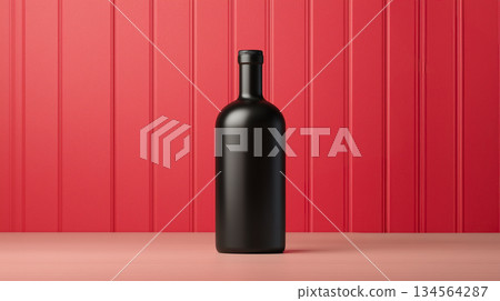 sleek black bottle against vibrant red background, showcasing elegance 134564287