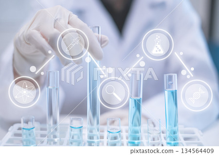 Laboratory research science chemistry blue liquid test tube with icon Laboratory research science chemistry blue liquid test tube with icon 134564409