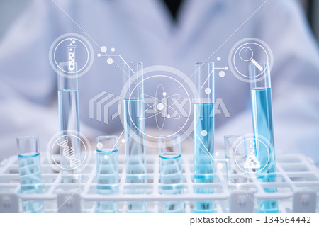 Laboratory research science chemistry blue liquid test tube with icon Laboratory research science chemistry blue liquid test tube with icon 134564442