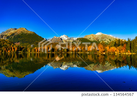 Majestic High Tatra mountains panorama reflected in lake during autumn 134564567