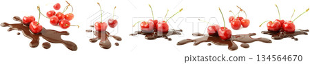 Set of Red Cherries Splashing into Melted Chocolate Pools Isolated on White Background Banner Set of Red Cherries Splashing into Melted Chocolate Pools Isolated on White Background Banner 134564670