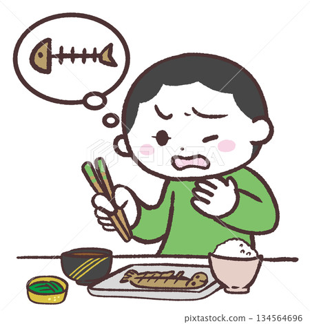 Illustration of a boy with a fish bone stuck in his throat 134564696