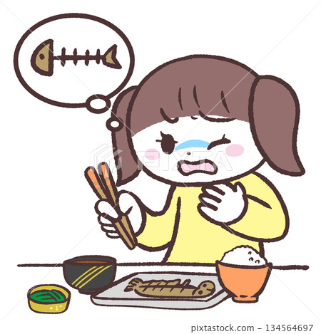 Illustration of a girl with a fish bone stuck in her throat Illustration of a girl with a fish bone stuck in her throat 134564697