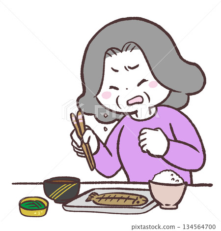 Illustration of a senior woman choking on a meal Illustration of a senior woman choking on a meal 134564700