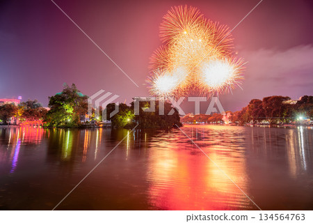 New Years Eve Fireworks Over Hoan Kiem Lake, Hanoi, Vietnam 134564763