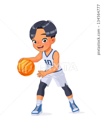 Happy Asian school boy playing basketball. Cartoon vector illustration. Happy Asian school boy playing basketball. Cartoon vector illustration. 134564777