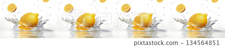 Fresh yellow lemons splashing in water with falling slices on white panoramic background 134564851