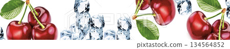 Fresh red cherries with green leaves and ice cubes on white panoramic background 134564852