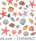 Colorful watercolor pattern of seashells and starfish 134564927
