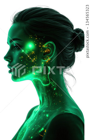 A passionate female executive, glowing in cool green, with digital projections of innovation and market expansion surrounding her, symbolizing her A passionate female executive, glowing in cool green, with digital projections of innovation and market expansion surrounding her, symbolizing her 134565323