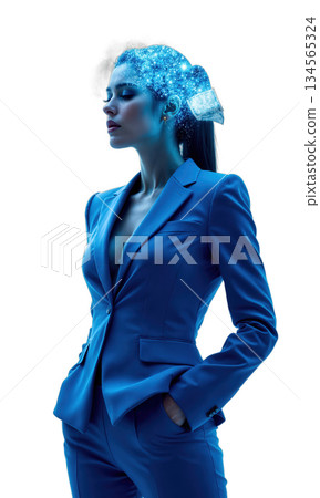 A confident businesswoman in a glowing sapphire suit, standing in a void with swirling currencies orbiting her head like 134565324