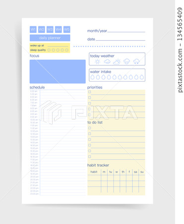 Daily planner template with sleep and water intake trackers, focus block, weather icons, priorities and to do list, schedule, weekly tabs, and habit tracker grid. Clean printable page. Daily planner template with sleep and water intake trackers, focus block, weather icons, priorities and to do list, schedule, weekly tabs, and habit tracker grid. Clean printable page. 134565409
