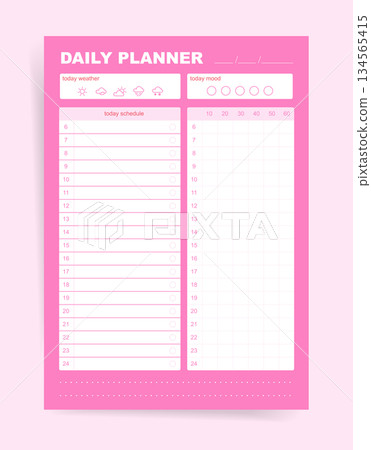 Pink daily planner template with weather icons and mood tracker, hourly schedule 6-24 with check circles, time grid with 10-60 scale, date header and notes. Printable vector layout. 134565415