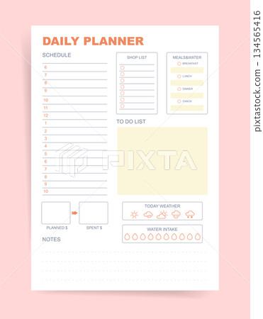 Daily planner template with hourly schedule, shop list checklist, meals and water tracker, planned vs spent budget, weather icons and notes. Minimal vector printable organizer page. Daily planner template with hourly schedule, shop list checklist, meals and water tracker, planned vs spent budget, weather icons and notes. Minimal vector printable organizer page. 134565416
