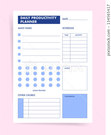 Daily productivity planner template with main tasks checklist, time and activity schedule table, 25 min tracker dots, other chores list, notes and tomorrow plan. Clean printable vector page. Daily productivity planner template with main tasks checklist, time and activity schedule table, 25 min tracker dots, other chores list, notes and tomorrow plan. Clean printable vector page. 134565417