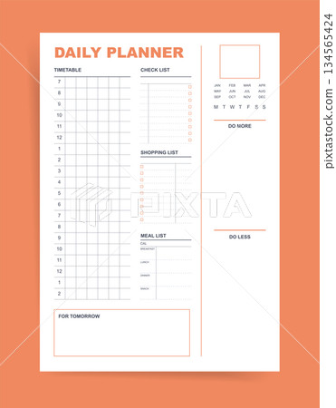 Daily planner template with timetable grid, check list, shopping and meal list sections, months calendar, do more do less motivation area, and for tomorrow box. Minimal orange printable vector page. Daily planner template with timetable grid, check list, shopping and meal list sections, months calendar, do more do less motivation area, and for tomorrow box. Minimal orange printable vector page. 134565424