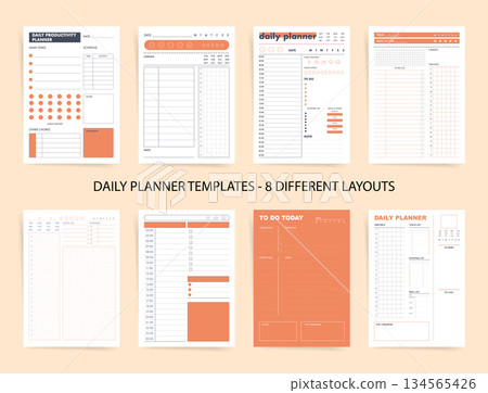 Daily planner templates bundle with 8 different layouts: schedule timetable, to do checklist, mood habit trackers, budget expenses, meals and water logs, notes. Minimal printable vector pages. 134565426