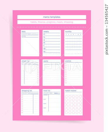 Memo templates set for planners: daily weekly monthly and yearly notes, checklist and wishlist pages, habit tracker, finance budget and meal shopping lists. Minimal printable vector layouts. Memo templates set for planners: daily weekly monthly and yearly notes, checklist and wishlist pages, habit tracker, finance budget and meal shopping lists. Minimal printable vector layouts. 134565427