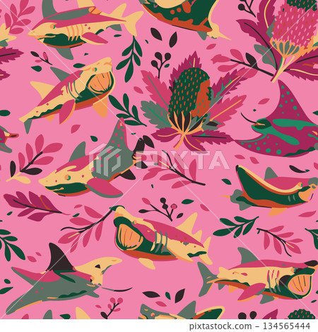 High resolution nautical repeat design for summer fashion, coastal home decor, and luxury wallpaper. A vibrant marine life motif for premium branding. High resolution nautical repeat design for summer fashion, coastal home decor, and luxury wallpaper. A vibrant marine life motif for premium branding. 134565444