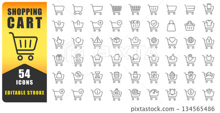 Clean And Versatile Shopping Cart Line Icon Set Featuring E Commerce, Retail, Checkout, Payment, And User Actions. Ideal For Web, App, Ui, And Online Store Design With Editable Stroke. Isolated Vector 134565486