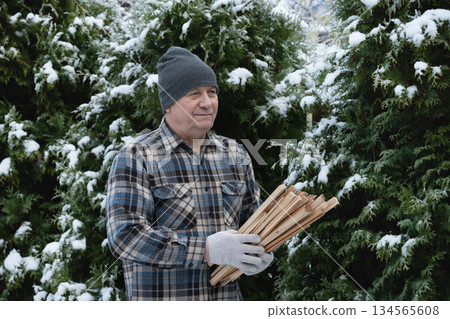 Senior man carrying firewood outside in snowy backyard. Practical winter preparation for home heating. Realistic lifestyle image for energy, fuel, and rural living concepts. Senior man carrying firewood outside in snowy backyard. Practical winter preparation for home heating. Realistic lifestyle image for energy, fuel, and rural living concepts. 134565608