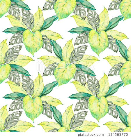 Watercolor tropical seamless pattern with vibrant leaves in soft green, turquoise, and yellow shades. Artistic foliage elements create a fresh botanical design perfect for textiles, wallpapers Watercolor tropical seamless pattern with vibrant leaves in soft green, turquoise, and yellow shades. Artistic foliage elements create a fresh botanical design perfect for textiles, wallpapers 134565770