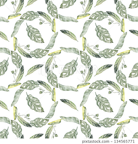 A seamless botanical pattern featuring elegant watercolor tropical leaves in soft green and yellow tones. Delicate shapes and natural textures create a fresh, airy design perfect for textiles 134565771