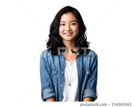 一位神態平靜的年輕女子穿著牛仔襯衫,休閒時尚(透明背景) 一位神態平靜的年輕女子穿著牛仔襯衫,休閒時尚(透明背景) 134565862