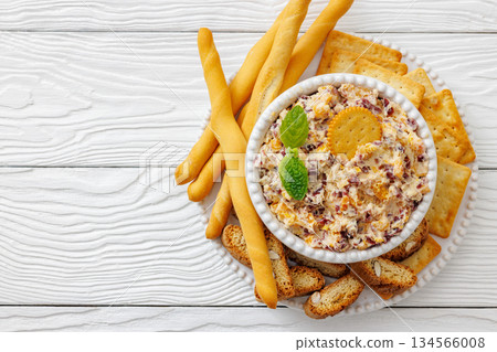 cranberry apricot cheese spread in a bowl 134566008