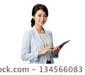 一位衣著整潔的女商人正在操作平板電腦（透明背景） 134566083