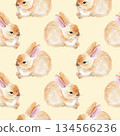 Seamless pattern of rabbits on a beige background. Watercolor illustration. For fabric, wallpaper, packing paper, greeting cards, design, decoration and illustration. 134566236