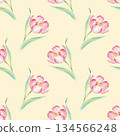 Seamless pattern of tulips on a beige background. Watercolor illustration. For fabric, wallpaper, packing paper, greeting cards, design, decoration and illustration. 134566248