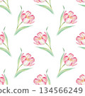 Seamless borders of tulips and willows. Watercolor illustration. For fabric, wallpaper, packing paper, greeting cards, design, decoration and illustration. 134566249
