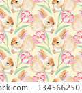 Seamless pattern of tulips and rabbits on a beige background. Watercolor illustration. For fabric, wallpaper, packing paper, greeting cards, design, decoration and illustration. 134566250
