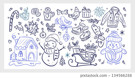 Whimsical Christmas hand drawing sketch set. La dolce vita concept. Design elements for New Year party greeting cards, winter party invitations. Vector 134566288