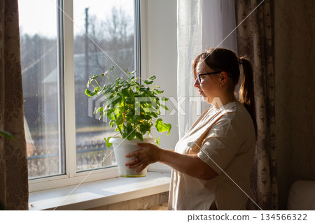A woman stands by a sunny window, carefully placing a potted houseplant on the sill to allow it to receive natural light. The woman encourages the healthy growth and development of the houseplant. 134566322