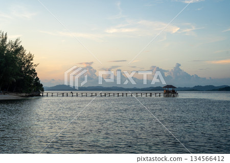 Sunset view of pier on Bolilanga Island, Togian archipelago, Sulawesi, Indonesia Sunset view of pier on Bolilanga Island, Togian archipelago, Sulawesi, Indonesia 134566412