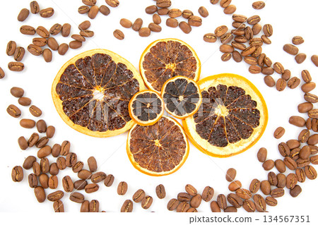 Close-up of dried orange slices with vibrant red and orange hues Close-up of dried orange slices with vibrant red and orange hues 134567351