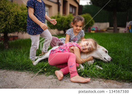Children happily playing with a dog in a sunny garden 134567380