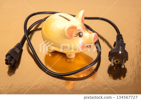 Piggy bank with electric cord on golden background representing financial savings concept Piggy bank with electric cord on golden background representing financial savings concept 134567727