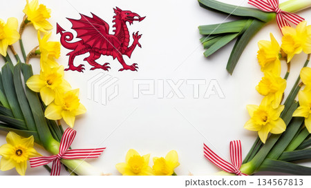St. David's Day background with Welsh dragon, yellow daffodils and leeks on white surface, Wales national holiday. 134567813