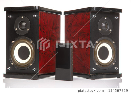 two stereo audio speakers on a white background. sound and media 134567829