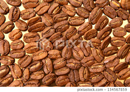 Stunning macro photography of roasted coffee beans on a shiny golden background, 134567859