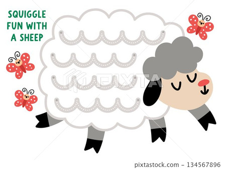 Vector Easter handwriting practice worksheet shaped as sheep with squiggles for wool pattern. Preschool drawing printable activity. Spring holiday tracing game with farm animal 134567896