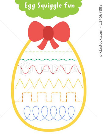 Vector Easter handwriting practice worksheet shaped as colored egg with squiggle pattern as decoration. Preschool drawing printable activity. Spring holiday tracing game 134567898