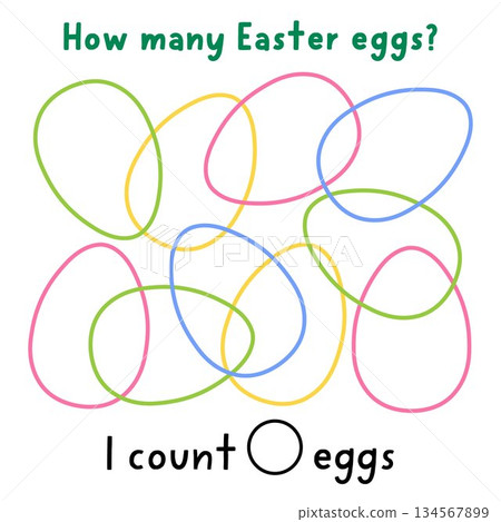 Easter tracing, counting, shape and line recognition activity with colored eggs. Spring holiday counting math puzzle with ornament contours. Find and count silhouette printable worksheet for kids 134567899