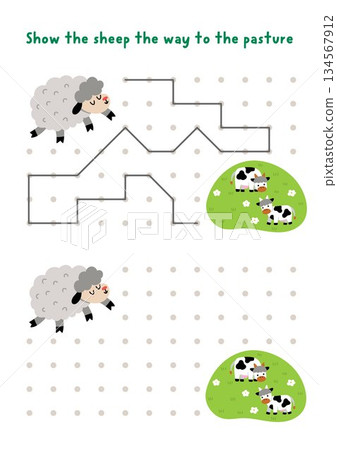 Easter village drawing, writing, tracing, space orientation activity for kids with sheep going to farm field with cows. Draw lines in box according example. Spring holiday printable game, puzzle 134567912