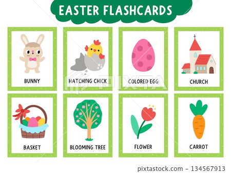 Vector Easter flash cards set with bunny, hatching chick, egg, basket, church, carrot, flower. English language game for kids. Spring holiday flashcards. Simple educational printable worksheet 134567913