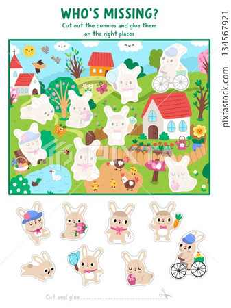Vector Easter cut and glue activity. Crafting game with cute spring landscape, bunny, church, garden, meadow. Holiday printable worksheet. Find right piece of the puzzle. Complete picture 134567921