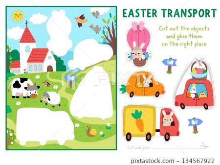 Vector Easter cut and glue activity. Crafting game with cute spring landscape, transport, bunny, church, car, truck. Holiday printable worksheet. Find right piece of the puzzle. Complete picture 134567922